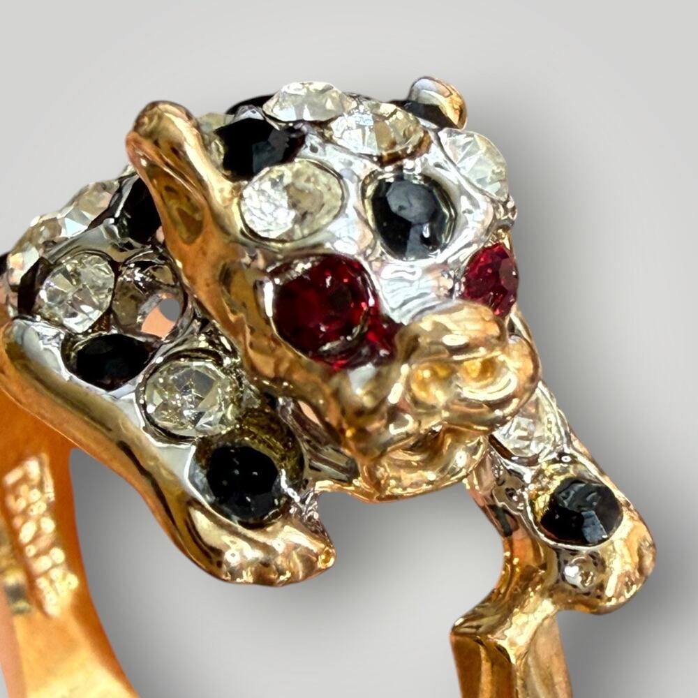 18KGE Crystal Panther Leopard Ring Red Eyes Black Clear Rhinestones Size 6